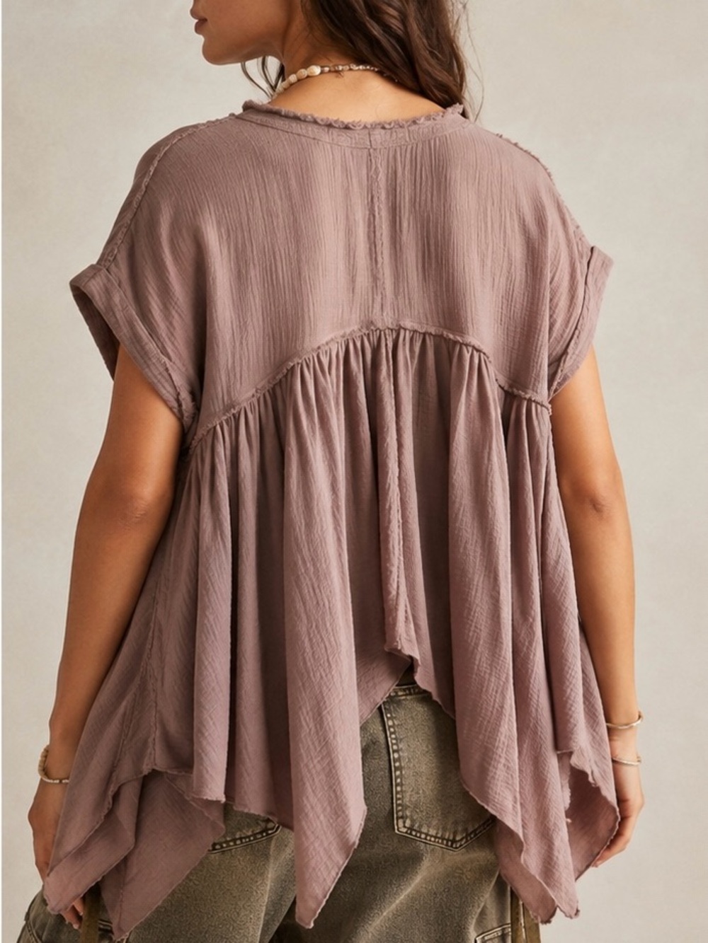 Free People Sugar Rush Babydoll Top XS Mauve Oversized Boho Handkerchief EUC - Picture 2 of 9